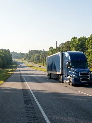 Wide shot of a modern Zaria Enterprises semi-truck on a highway in the Southeast, early morning sun, crisp industrial tones, sharp focus, 35mm lens, truck is on the right third of the frame.