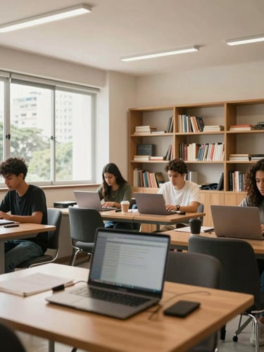 Wide shot of a modern, bright study hub in São Paulo with students working on laptops, natural light streaming through windows, welcoming atmosphere.