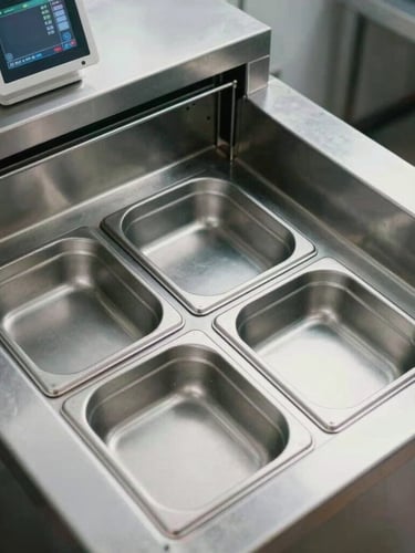 Overhead view of a stainless steel commercial prep station, sharp focus on organized holding pans and a digital expediter screen, cool bright lighting, geometric framing.