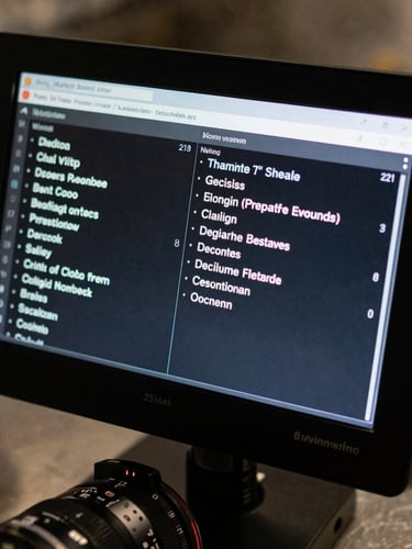 Close-up of a digital kitchen expediter screen displaying active orders, high contrast, sharp focus, technical atmosphere.
