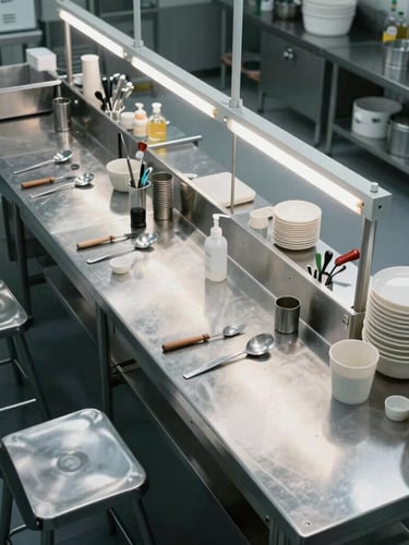 Geometric overhead view of a sterile commercial kitchen prep line, bright cool-toned lighting, stainless steel tables, organized kitchen tools, no people
