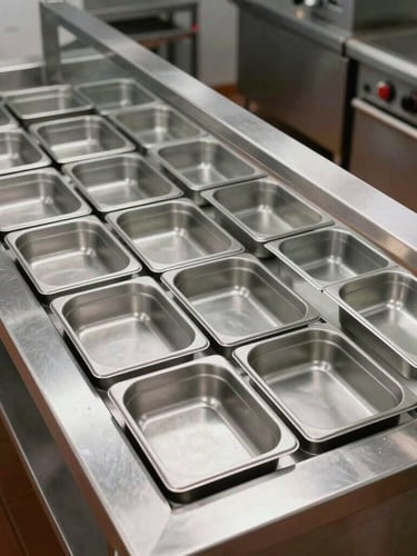 Overhead geometric view of an immaculate commercial kitchen stainless steel prep line, cool daylight, organized holding pans.