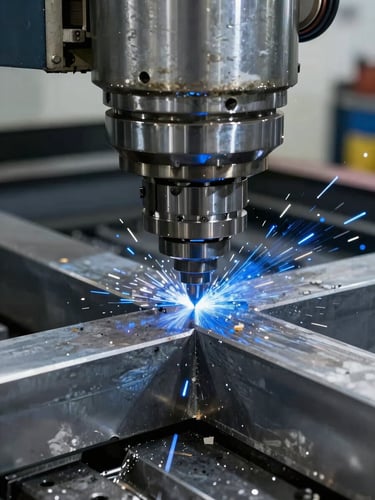 Sharp industrial photography of a massive CNC milling machine cutting raw steel, cool metallic reflections, bright blue sparks, high-contrast workshop lighting, macro depth of field.