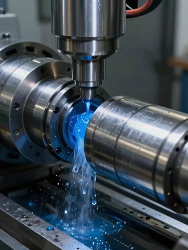 Close-up of a massive CNC lathe machining a steel cylinder, bright blue cooling fluid spraying, sharp metallic glares, dark industrial workshop background