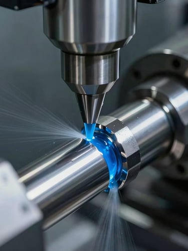 Macro extreme close-up of a CNC lathe cutting tool carving a steel shaft, bright blue cooling fluid spraying, sharp metallic reflections, cool industrial lighting, shallow depth of field.