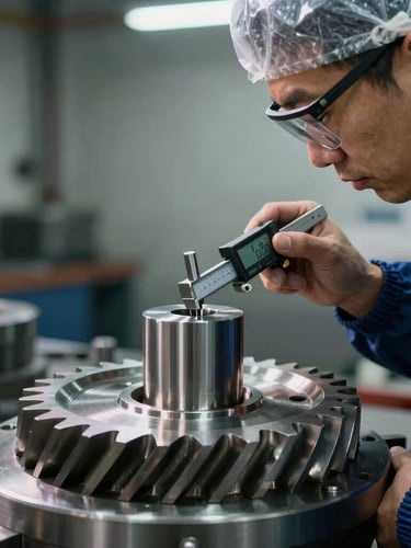 An experienced technician in protective gear measuring a newly milled heavy steel gear with a digital micrometer, high contrast shadows, cool industrial lighting
