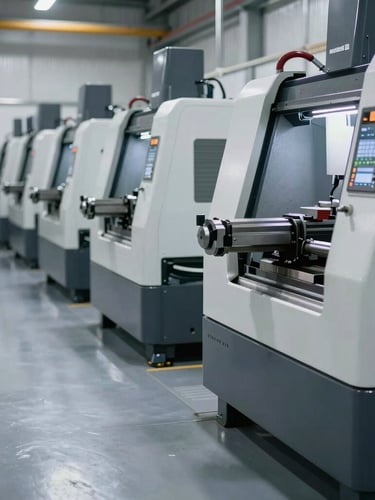 A clean, organized industrial workshop bay with modern CNC lathes lined up, cool metallic reflections on the floor, high contrast shadows, sharp depth of field
