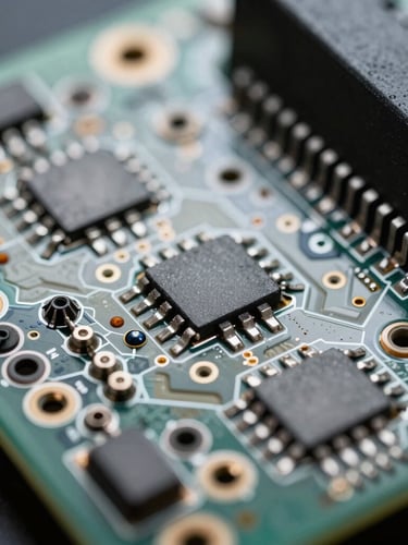 Extreme close-up macro photograph of a populated PCB, focusing on clean solder joints and thermal management components, cool high-contrast laboratory lighting with sharp directional key lights, technical texture.
