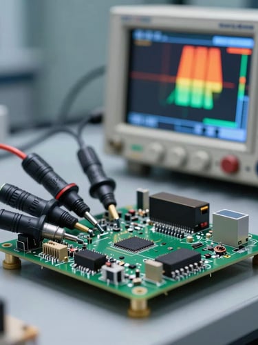 Macro photograph of physical testing setup with oscilloscope probes on high-density PCB, thermal camera color-map on screen in background, cool high-contrast laboratory lighting.