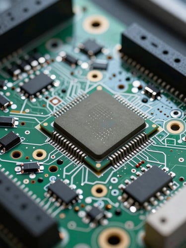 Macro photography of a populated multi-layer PCB, focusing on clean solder joints, thermal management vias, and a central ARM microcontroller under cool directional laboratory lighting.