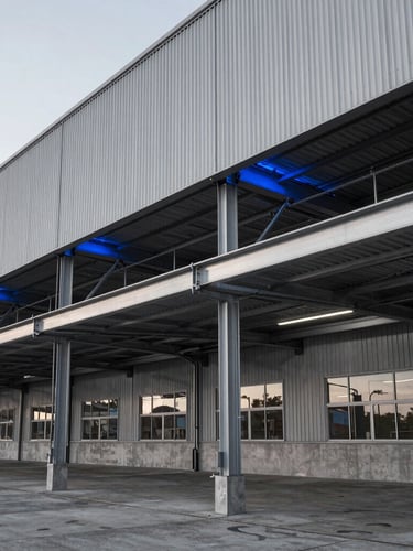 Desaturated architectural close-up of a modern logistics terminal, sharp steel lines, cool blue accent lighting, wide perspective.