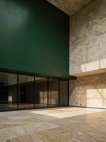 Wide-angle architectural photograph of a minimalist concrete and glass sports lobby, dramatic shadows, warm travertine stone textures, deep forest green accents.