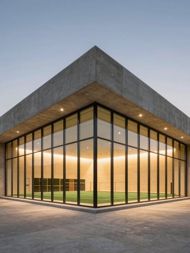Architectural exterior of a minimalist concrete and glass sports club in Dubai at dusk, warm ambient lighting glowing from within, clean structural lines.