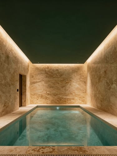 Wide-angle architectural photograph of a luxury wellness recovery lounge, warm travertine stone walls, a cold plunge pool reflecting soft ambient lighting, minimalist design