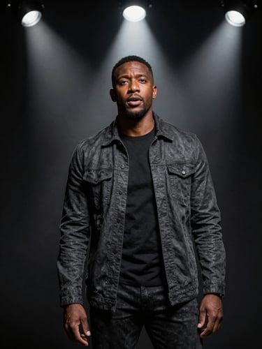 High-contrast editorial portrait of Marcus Vance, captured with a 35mm lens under dramatic stage spotlighting, deep charcoal background, sharp focus, expressive professional stance.