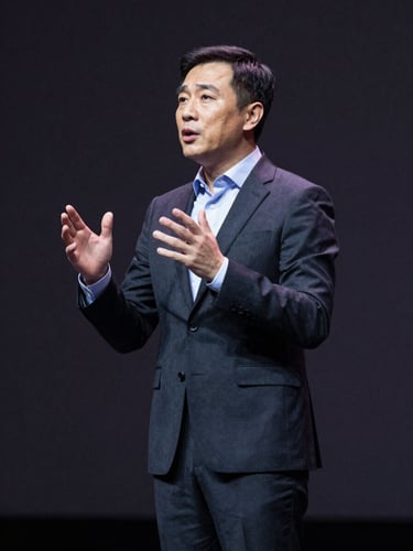 Dynamic mid-shot of a professional speaker in a dark suit gesturing actively on a spotlighted stage, deep charcoal background, sharp focus, editorial style