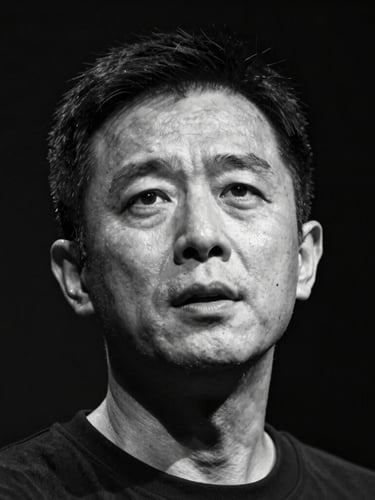 Tight expressive black and white portrait of a male speaker with a focused expression, high-contrast spotlighting, dark charcoal background, 35mm lens