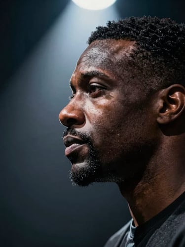 Close-up dramatic portrait of speaker Marcus Vance in deep charcoal tones, sharp spotlight illuminating profile, 35mm lens, high-contrast editorial style