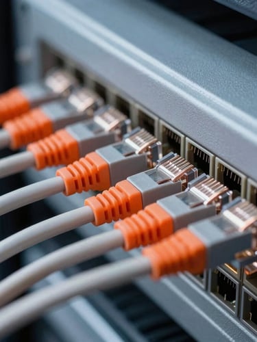 Close-up macro shot of copper Ethernet cables perfectly aligned and combed into a patch panel, safety orange accents on cable ties, crisp daylight, sharp details