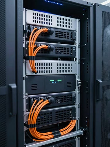 Crisp commercial photography of perfectly dressed server racks with immaculate orange and black cable management, cool-toned server room LED lighting, sharp details, 35mm lens.