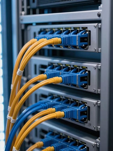 Macro shot of perfectly dressed server rack, immaculate blue and orange Cat6 cable management, cool-toned server room LED lighting, sharp details, 35mm lens