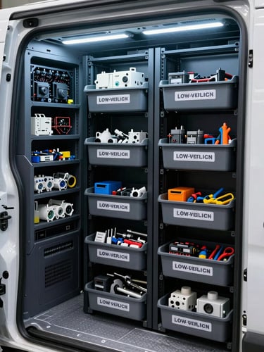 Crisp commercial photography of a fully stocked, meticulously organized interior of a service van, showing labeled bins of low-voltage components and precision tools, cool-toned LED lighting.