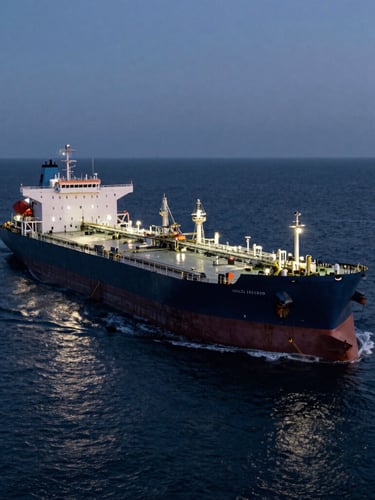 Wide environmental shot of a massive oil tanker navigating calm deep blue seas at dusk, low-sun reflecting off the water, cinematic industrial photography