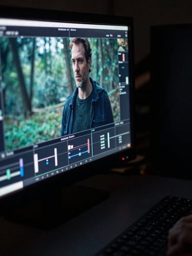 Close-up wide shot of a production monitor displaying a finished cinematic frame mid-color-grade, the screen filling the left bleed edge, deep shadow wrapping the right side of the frame, cool teal highlights from the display spilling onto a matte-black equipment surface below, shot from slightly below eye-level to emphasize the scale of the image on screen