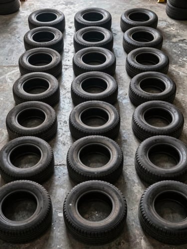 Overhead flat-lay of used tires sorted by size on a concrete warehouse floor in natural ambient light, sidewall markings visible, organized rows, no people, industrial documentary style