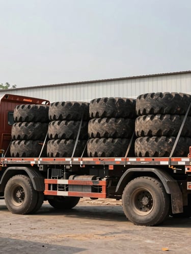 Close side-view of a loaded flatbed truck in a Guwahati tire yard under overcast daylight, tires stacked and secured with straps, warehouse wall visible in background, no people, documentary framing