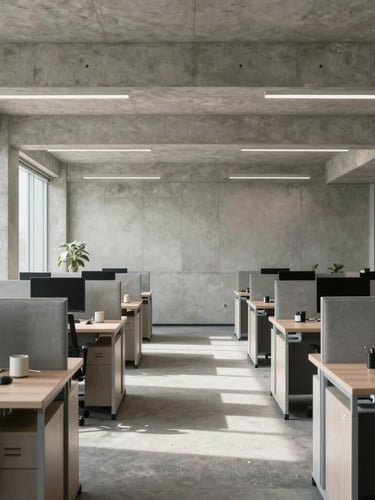 Meticulously organized modern corporate office workspace, structured architectural concrete lines, bright natural side light, generous negative space.