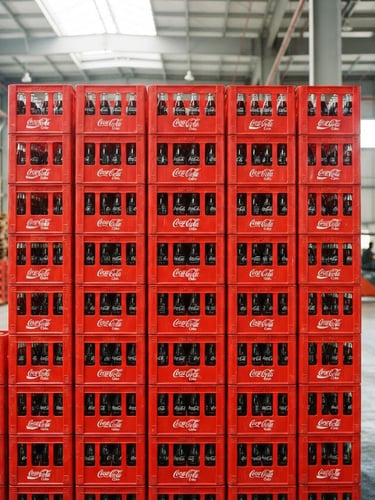 Straight-on medium shot of neatly stacked red crates of Coca-Cola glass bottles inside a bright, clean Gopalganj distribution warehouse, high-key natural daylight, sharp focus, 35mm