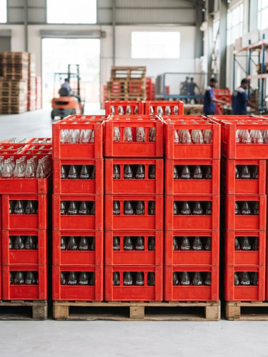 Straight-on medium shot of stacked red crates of Coca-Cola glass bottles inside a bright, clean Gopalganj warehouse, high-key daylight, sharp focus, 35mm