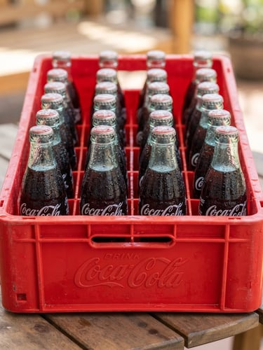 Straight-on commercial shot of chilled Coca-Cola glass bottles in a bright red crate, condensation droplets visible, sharp focus, vibrant daylight, 35mm