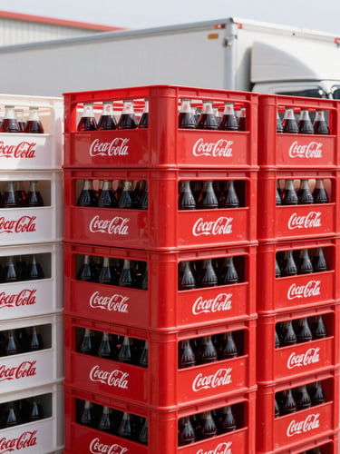 Vibrant commercial photo of neatly stacked crates of Coca-Cola bottles in a bright, clean warehouse with a delivery truck visible in the background, daylight, 35mm