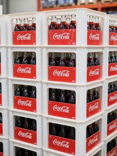 Bright commercial photography of neatly stacked crates of Coca-Cola glass bottles inside a clean, well-lit local distribution warehouse, 35mm