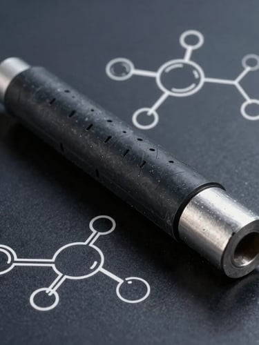 Technical blueprint-style diagram showing the molecular chemical bonding of vulcanized rubber to a steel substrate, clean white lines on a deep slate background.