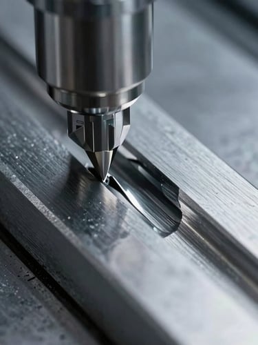 Extreme close-up of a CNC billet machining tool path on a stainless steel component, sharp metallic highlights, cool slate tones, macro lens