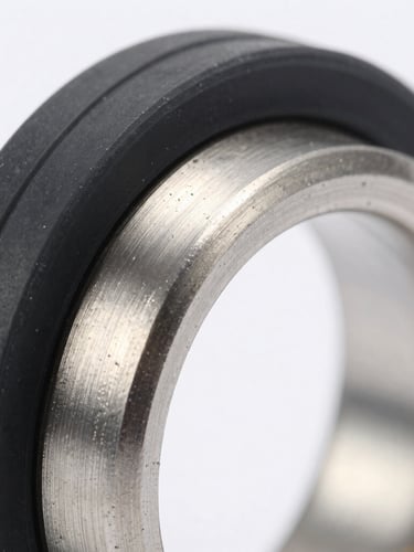 Extreme macro close-up of a high-durometer rubber seal bonded to a CNC-machined stainless steel ring, sharp metallic highlights, cool slate tones.