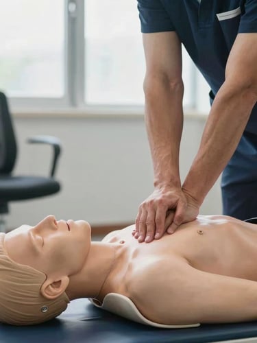 A close-up of a professional instructor demonstrating chest compressions on a training mannequin in a clean, modern corporate training room with natural morning light.