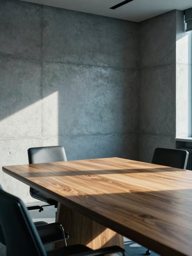 Portrait angle of a sunlit, modern executive boardroom in Rodez, minimalist concrete walls, a large oak table reflecting natural light, professional atmosphere, cool blue tones with warm golden highlights.