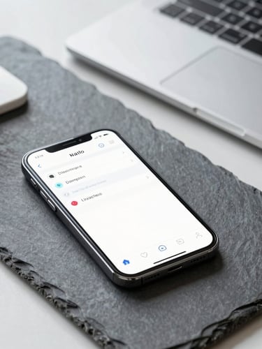 Clean modern workspace with a mobile phone displaying a clean interface, sharp focus, bright neutral daylight, slate and steel tones