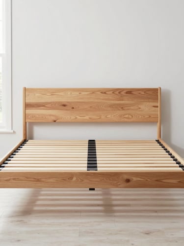 Straight-on eye-level shot of a modern solid timber bed frame in a bright, minimally styled British bedroom, natural daylight, crisp details, 35mm