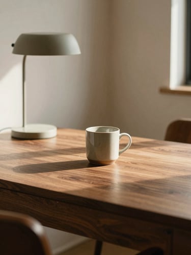 Close-up of a beautifully styled dedicated workspace in a residential suite, featuring a rich walnut wood desk, a minimalist lamp, and a ceramic mug, bathed in warm natural afternoon light, shallow depth of field.