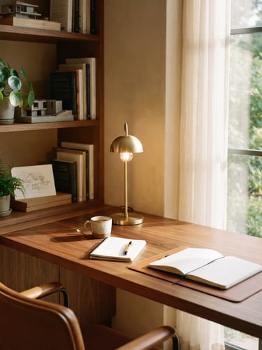Sun-drenched workspace corner with a rich walnut desk, a minimalist lamp, and soft afternoon light, framed architecturally.