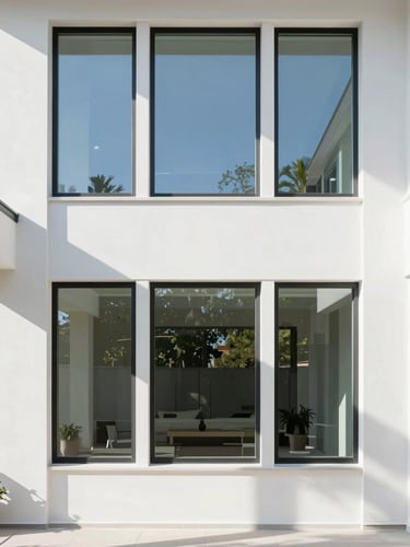 Straight-on architectural photo of a modern Gainesville home with large, pristine windows, bright natural daylight casting clean geometric shadows on a white wall, 35mm