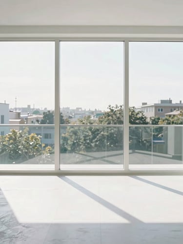 Straight-on architectural photograph of a bright modern living room with large, pristine floor-to-ceiling windows, sharp natural sunlight casting geometric shadows on a clean white floor, 35mm
