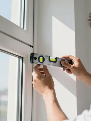 Close-up of a professional technician's hands using a level tool on a pristine window frame, bright natural daylight, clean architectural lines, 35mm