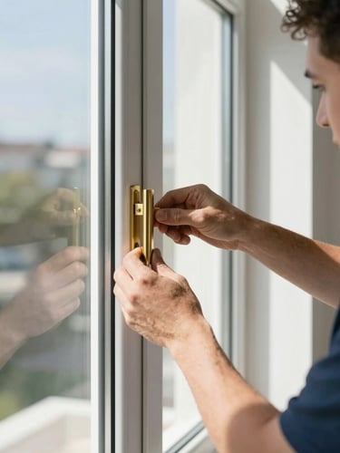 Close-up of a professional technician's hands carefully adjusting the pristine brass hardware of a newly installed modern window, bright daylight, 35mm