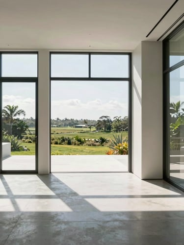 Straight-on architectural photograph of a modern minimalist home interior. Large, pristine floor-to-ceiling windows look out onto a soft green Florida landscape. Bright natural daylight streams through the glass, casting clean geometric shadows on the polished concrete floor. 35mm.